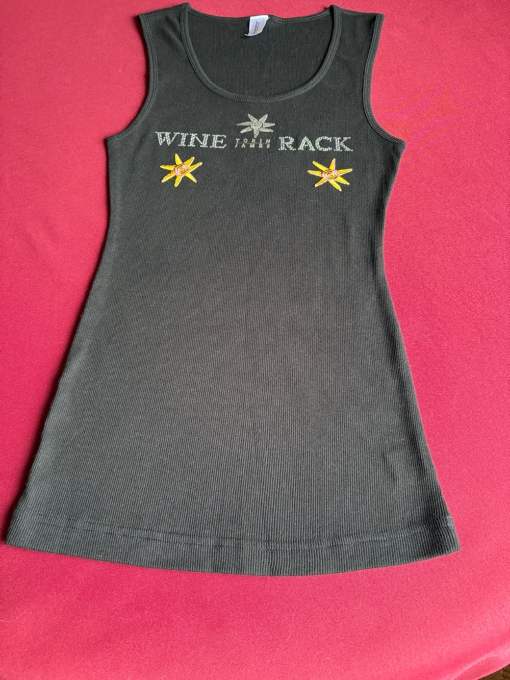 Wine Rack Black Tank Top with Yellow Sun Motifs